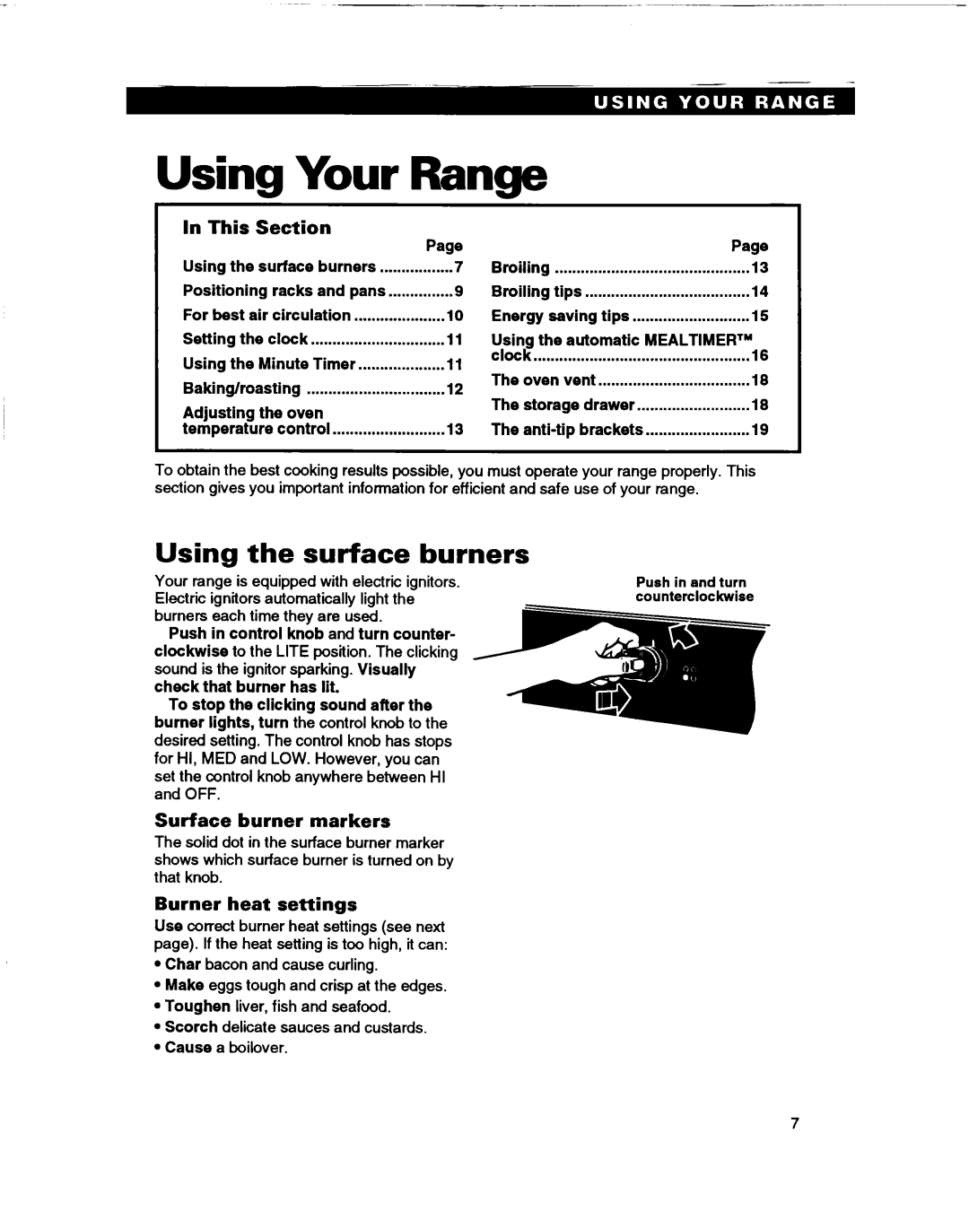 Whirlpool SF365BEY warranty Your Range, Using the surface burners, This, Surface burner markers, Burner heat settings 