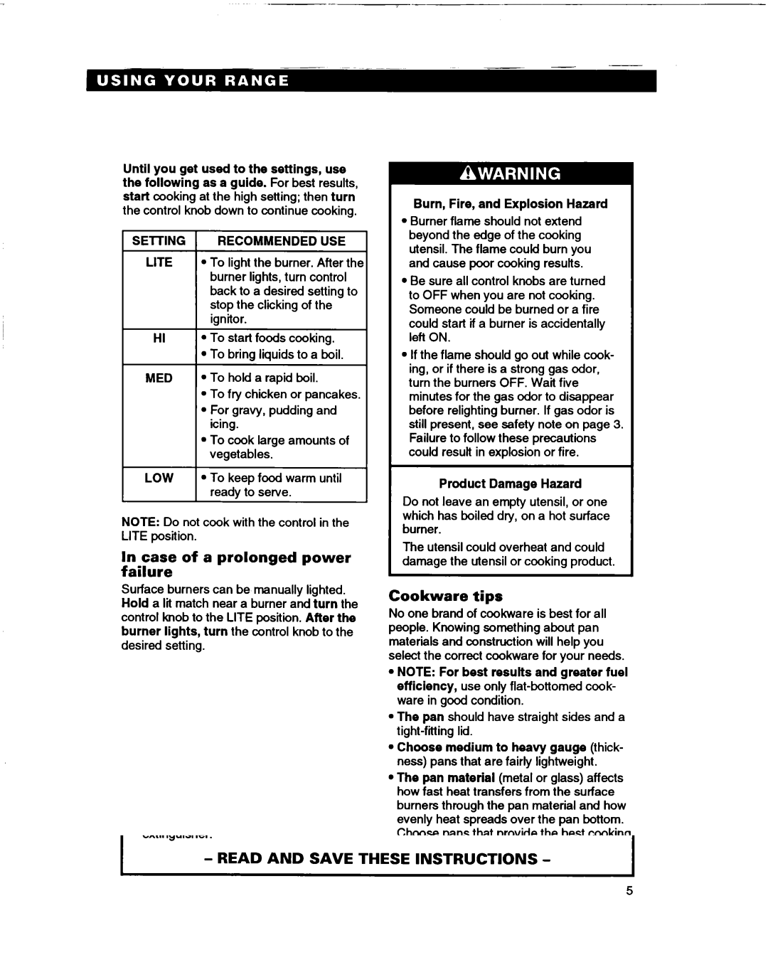 Whirlpool SF365BEY warranty Case of a prolonged power failure, Cookware tips, Burn, Fire, and Explosion Hazard 