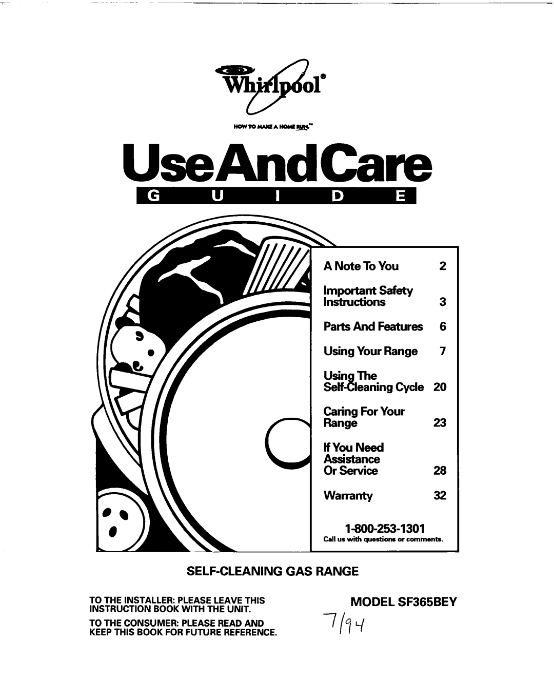 Whirlpool SF365BEY warranty UseAndCare 