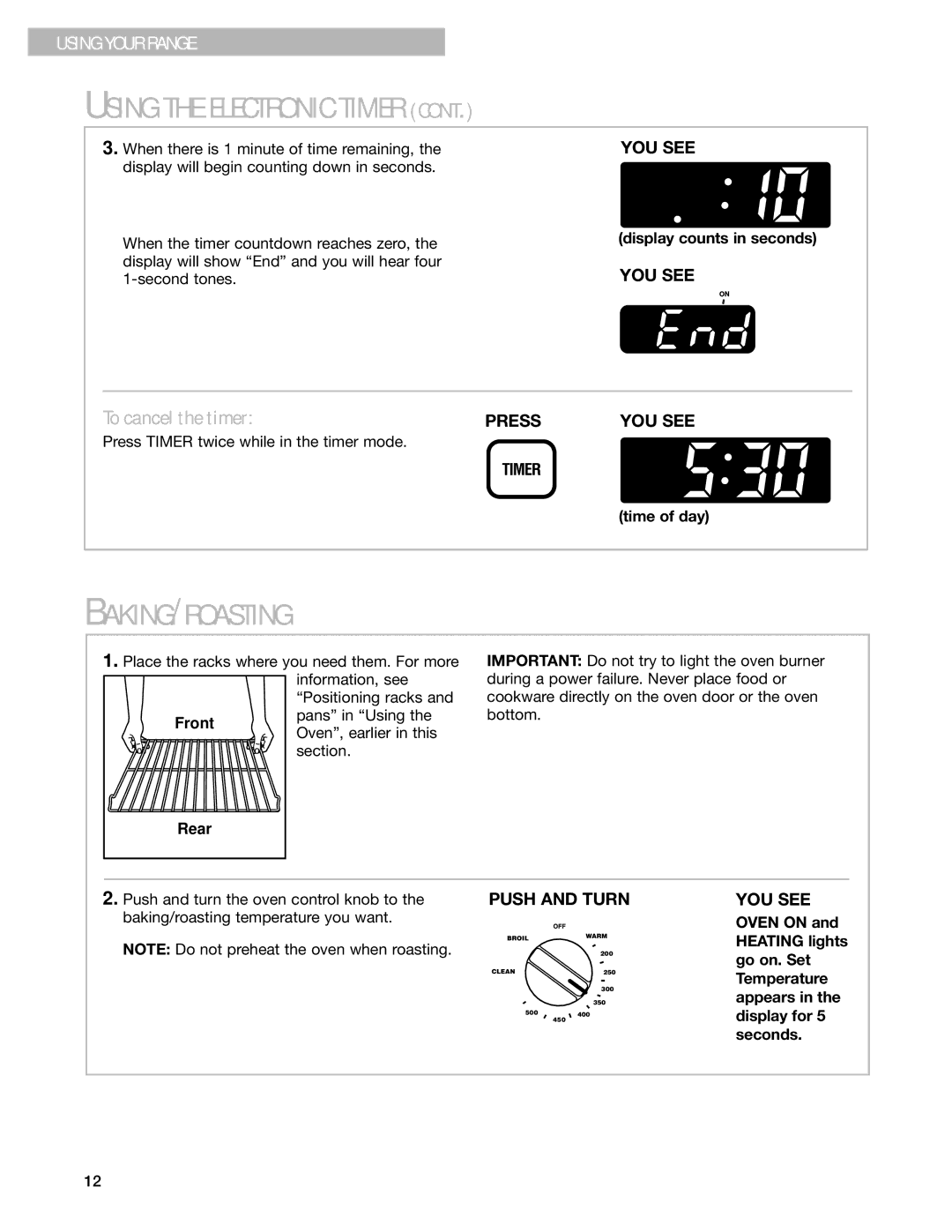 Whirlpool SF365PEG warranty Baking/Roasting, To cancel the timer, Front, Rear 