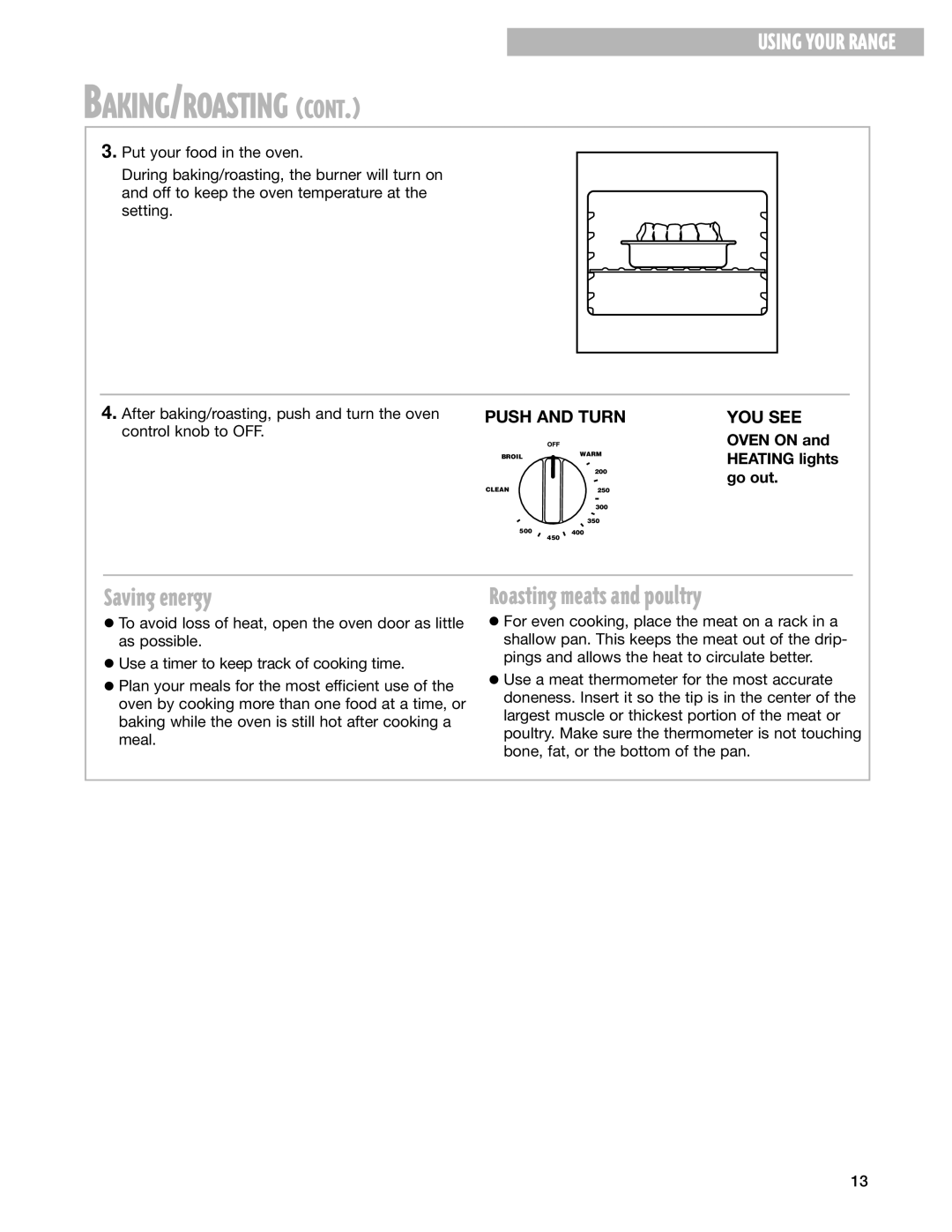 Whirlpool SF365PEG warranty Saving energy, Roasting meats and poultry, Go out 