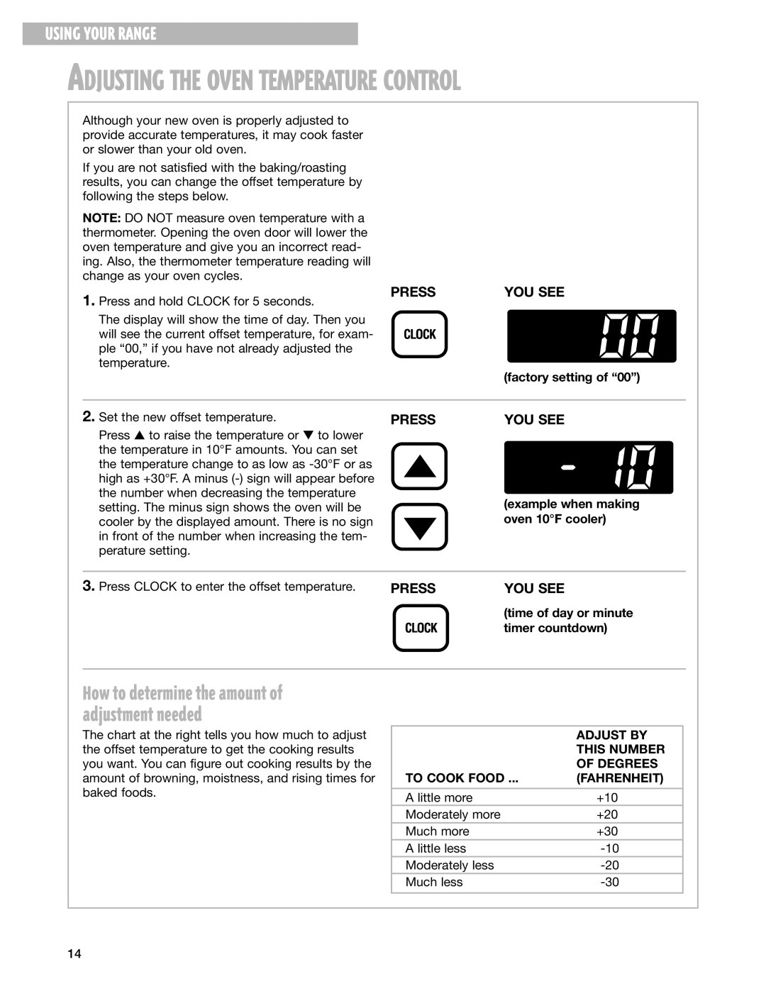 Whirlpool SF365PEG warranty Adjust by, This Number, Degrees, To Cook Food Fahrenheit 