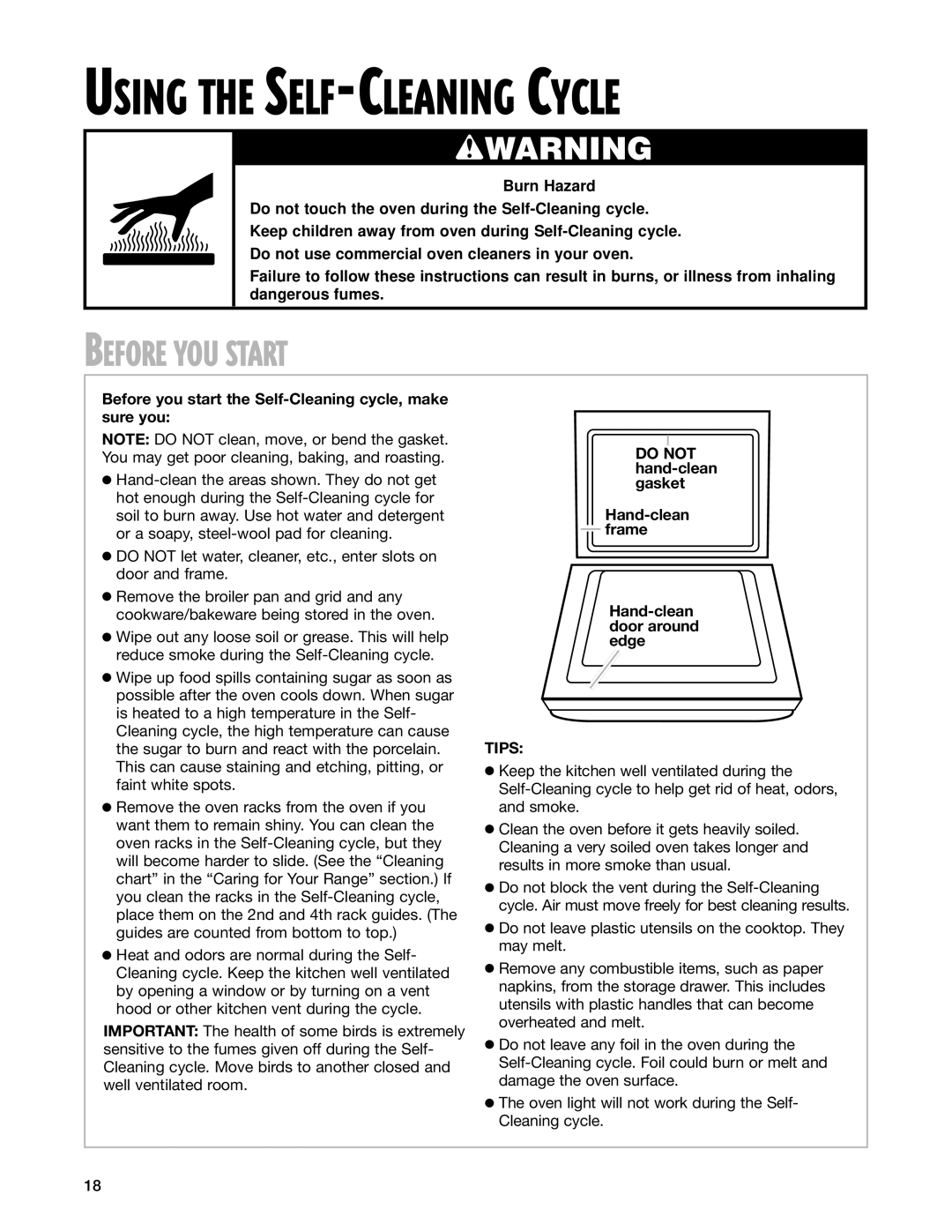 Whirlpool SF365PEG warranty Before YOU Start, Before you start the Self-Cleaning cycle, make sure you, Tips 