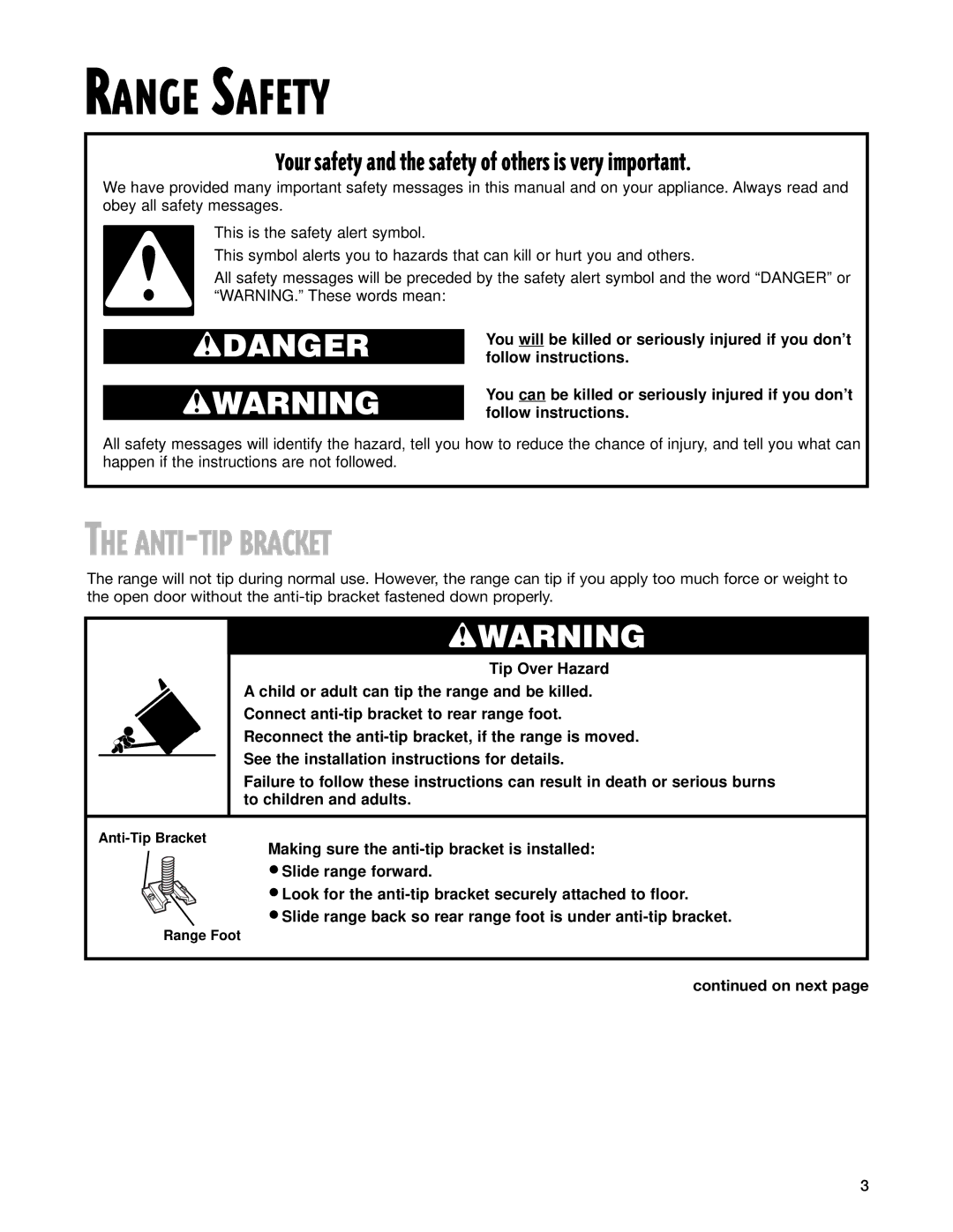 Whirlpool SF365PEG warranty Range Safety, ANTI-TIP Bracket, On next 