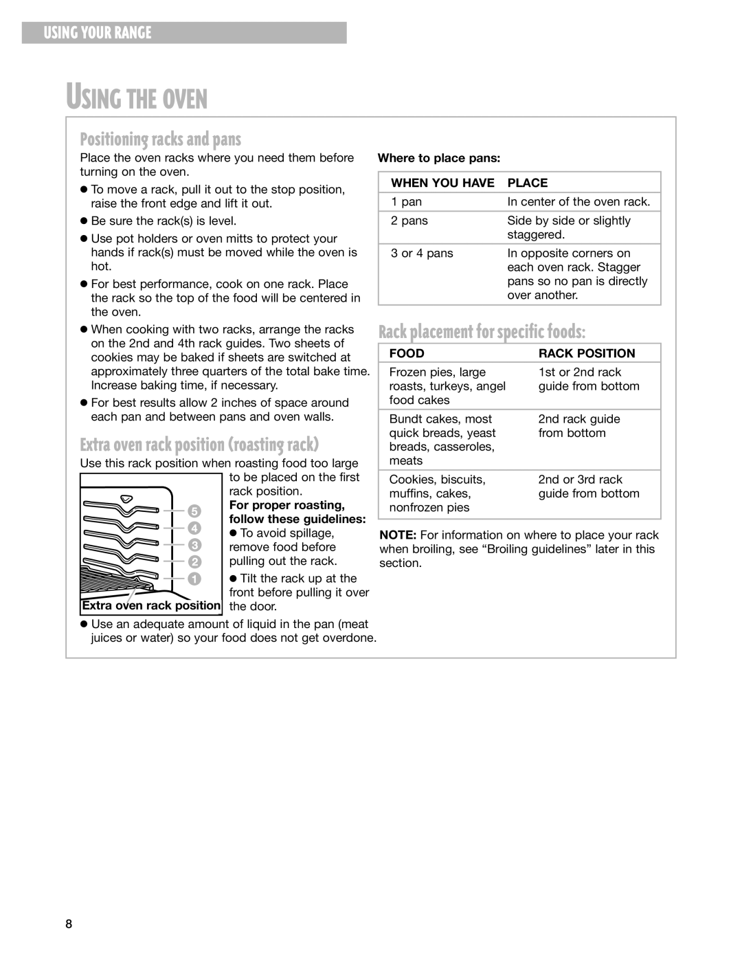 Whirlpool SF365PEG Positioning racks and pans, Rack placement for specific foods, When YOU have Place, Food Rack Position 