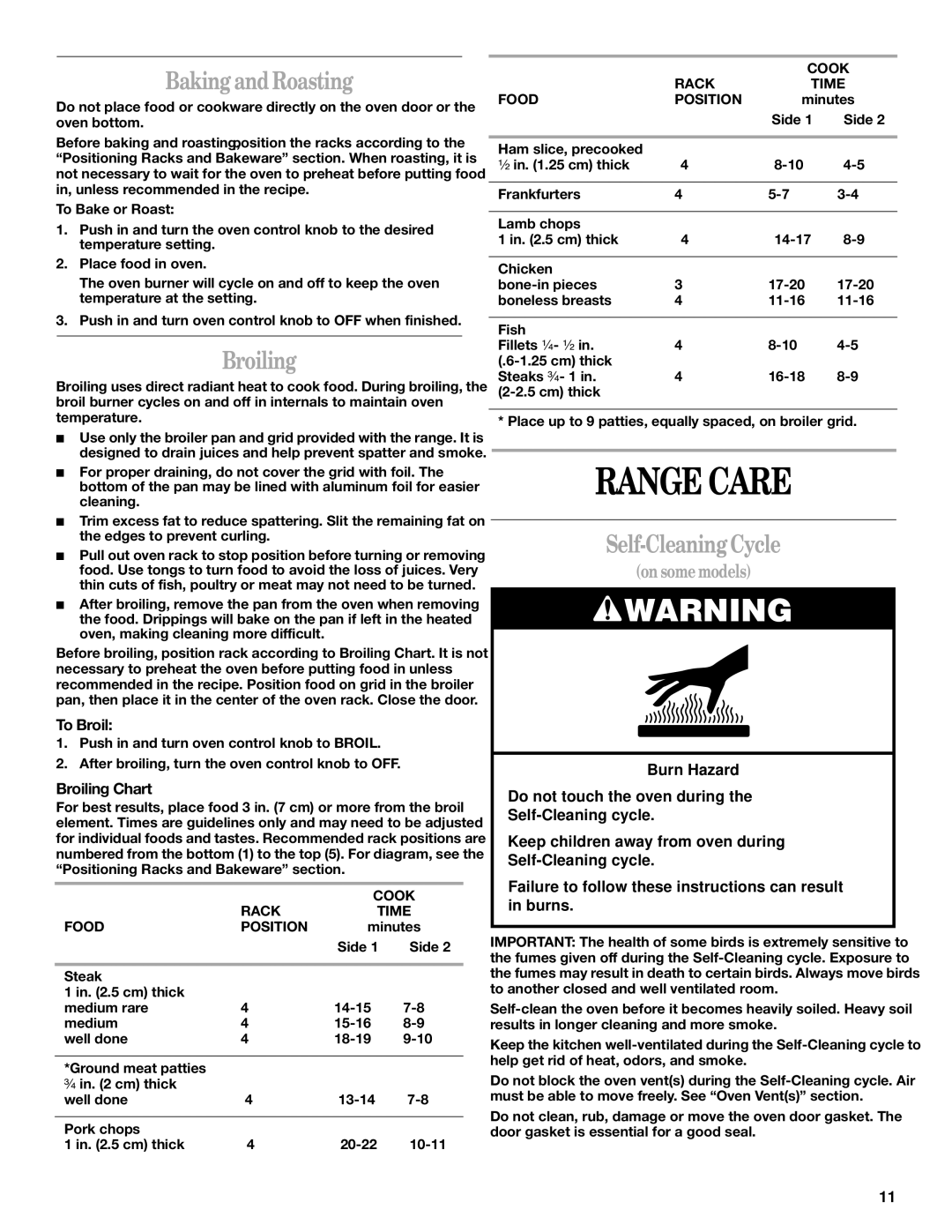 Whirlpool SF367LEH manual Range Care, Baking and Roasting, Broiling, Self-Cleaning Cycle 