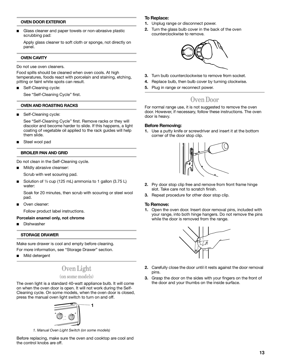 Whirlpool SF367LEH manual Oven Light, Oven Door, To Replace, Before Removing, To Remove 