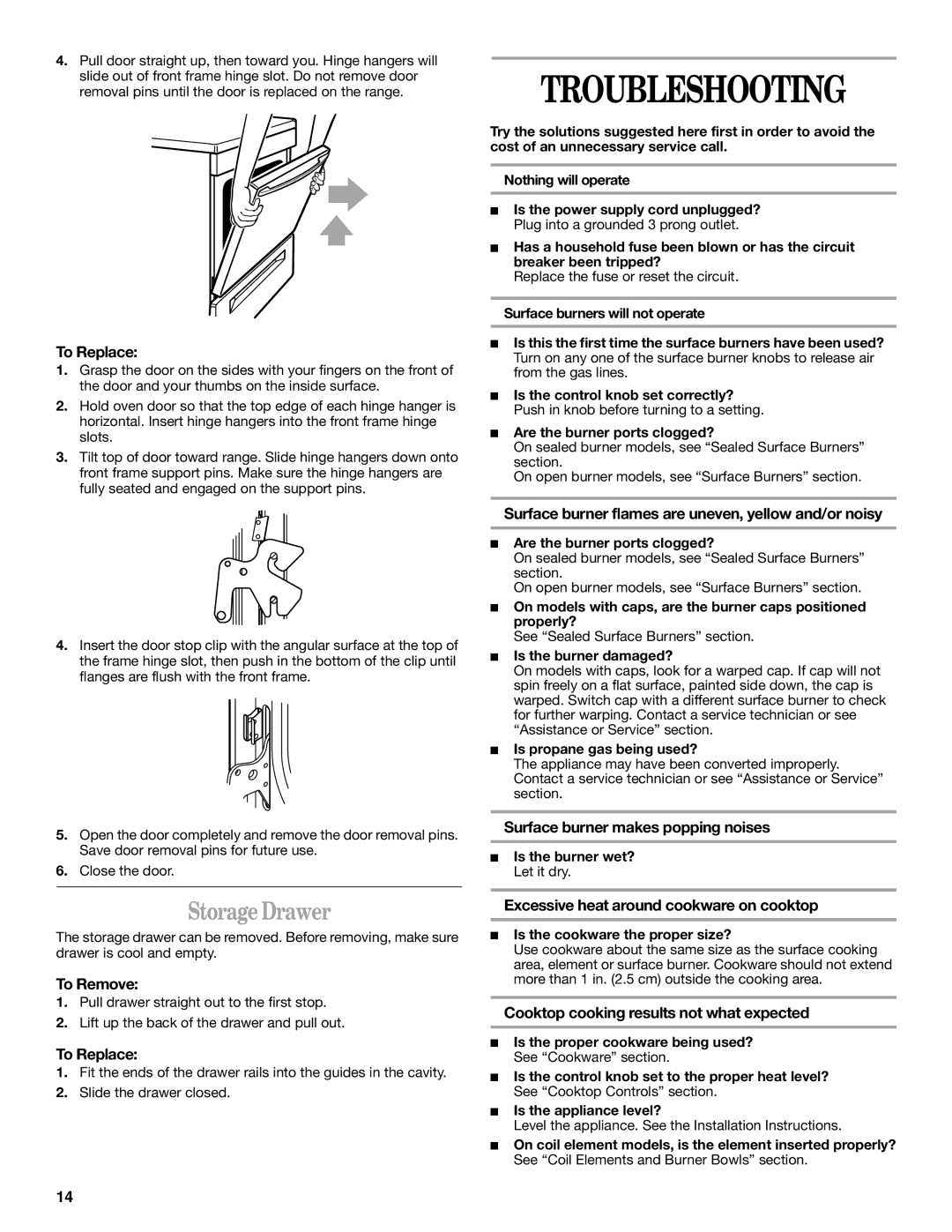 Whirlpool SF367LEH manual Troubleshooting, Storage Drawer 