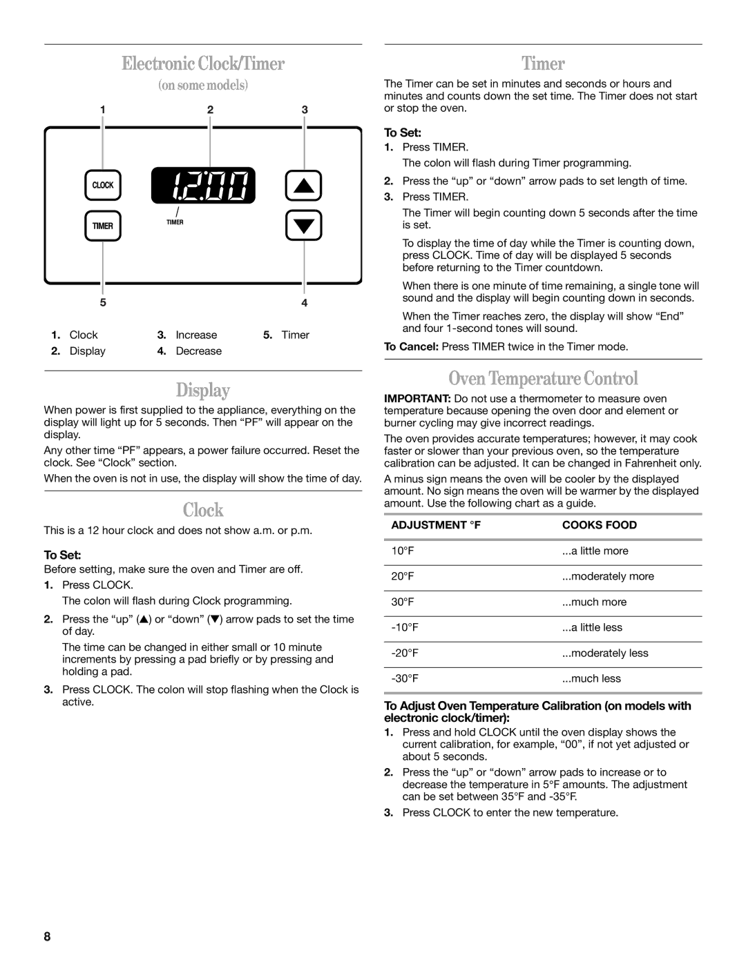 Whirlpool SF367LEH manual Electronic Clock/Timer, Display, Oven Temperature Control, Adjustment F Cooks Food 