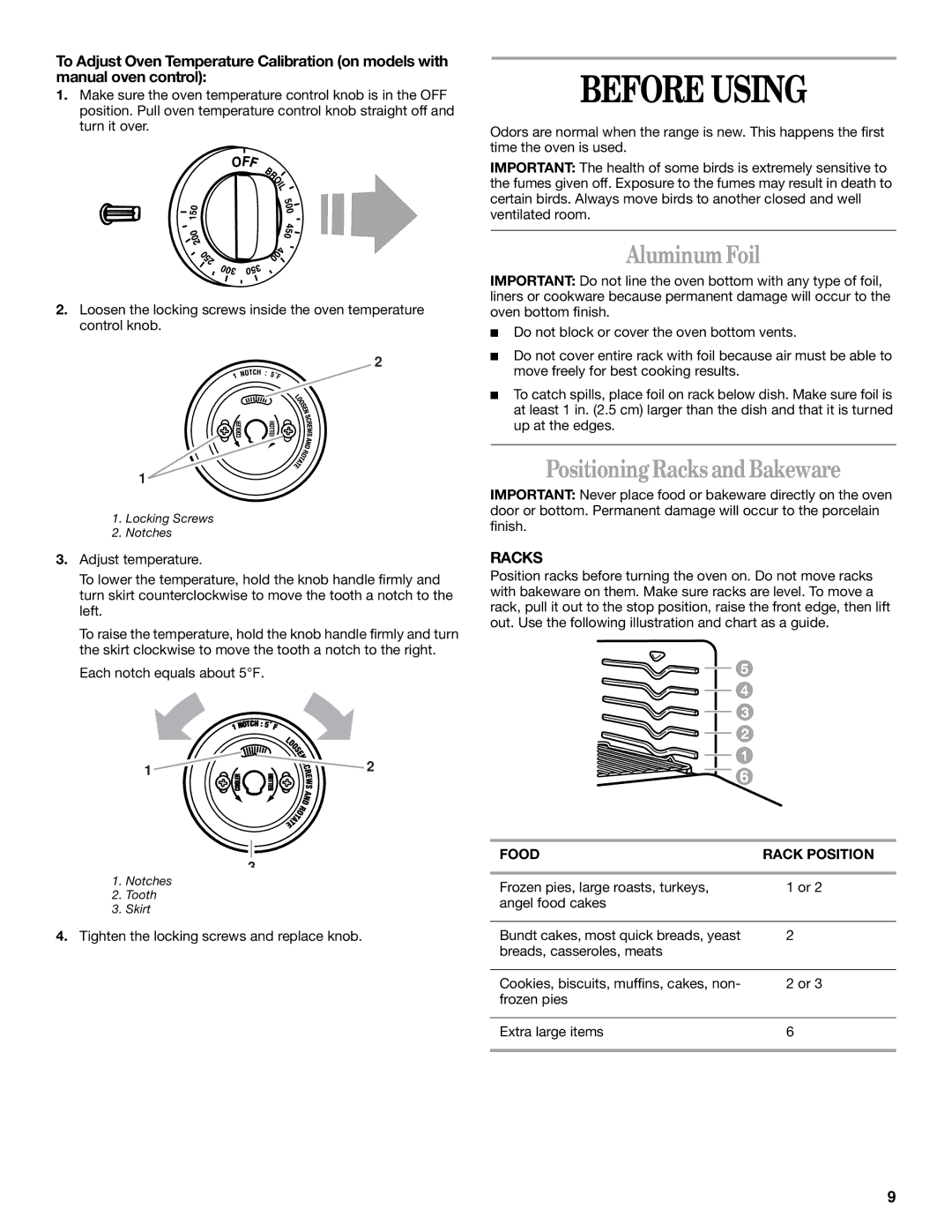 Whirlpool SF367LEH manual Before Using, Aluminum Foil, Positioning Racks andBakeware, Food Rack Position 