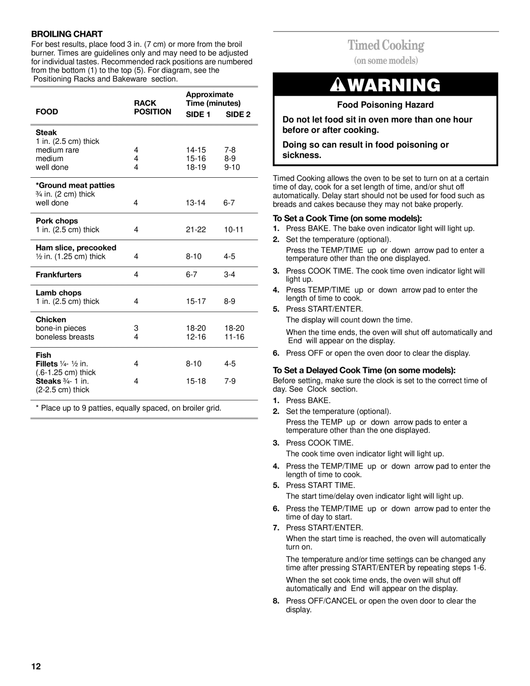 Whirlpool SF367LEK manual Timed Cooking, To Set a Cook Time on some models, To Set a Delayed Cook Time on some models, Rack 