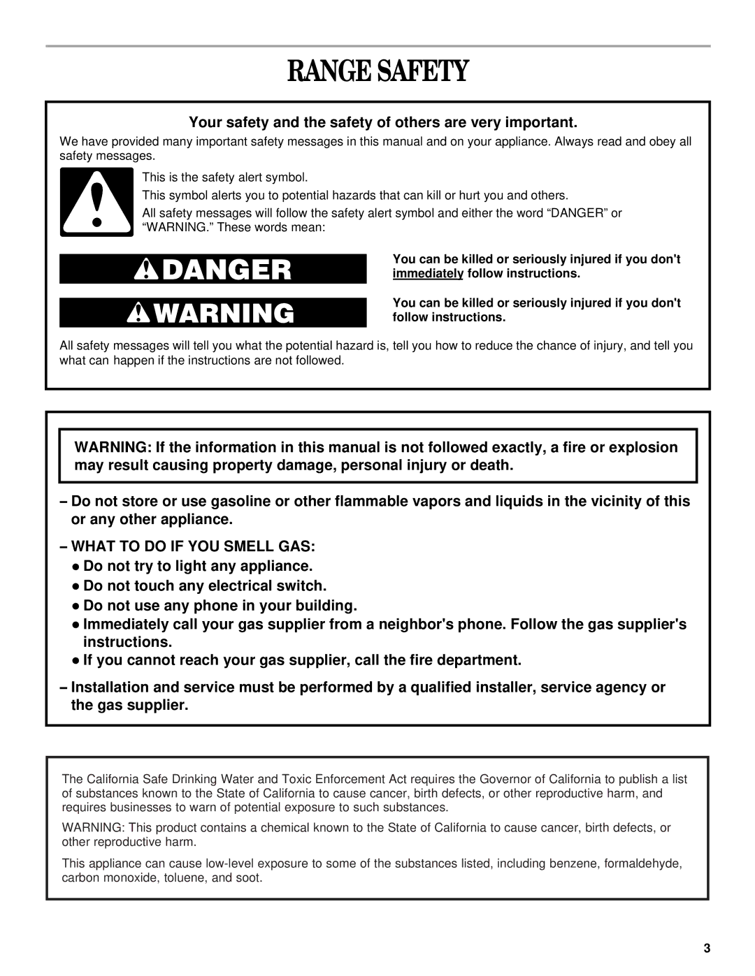 Whirlpool SF357PEK, SF367LEK, SF369LEK, SF356BEK manual Range Safety, Your safety and the safety of others are very important 