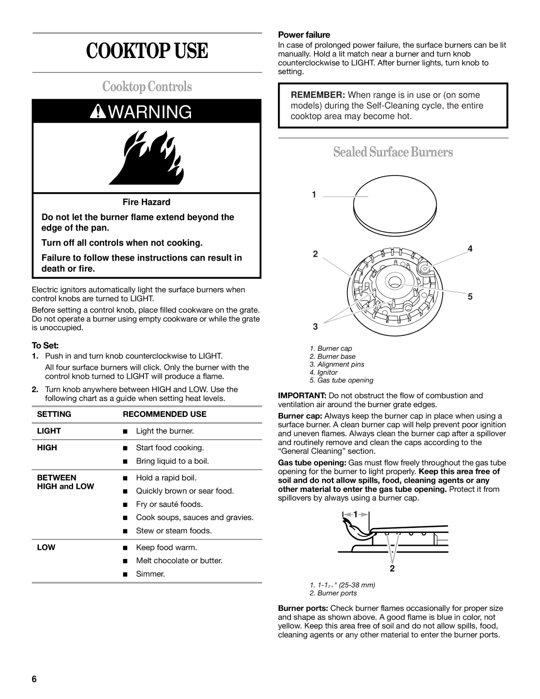 Whirlpool SF356BEK, SF367LEK, SF369LEK manual Cooktop USE, Cooktop Controls, Sealed Surface Burners, Power failure, To Set 