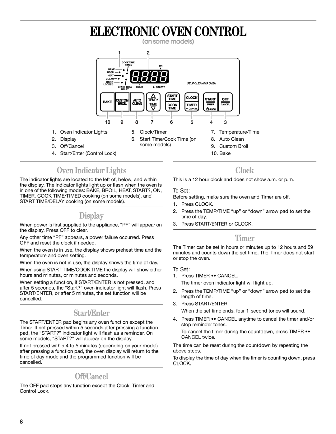 Whirlpool SF367LEK, SF369LEK, SF356BEK, SF357PEK manual Electronic Oven Control 