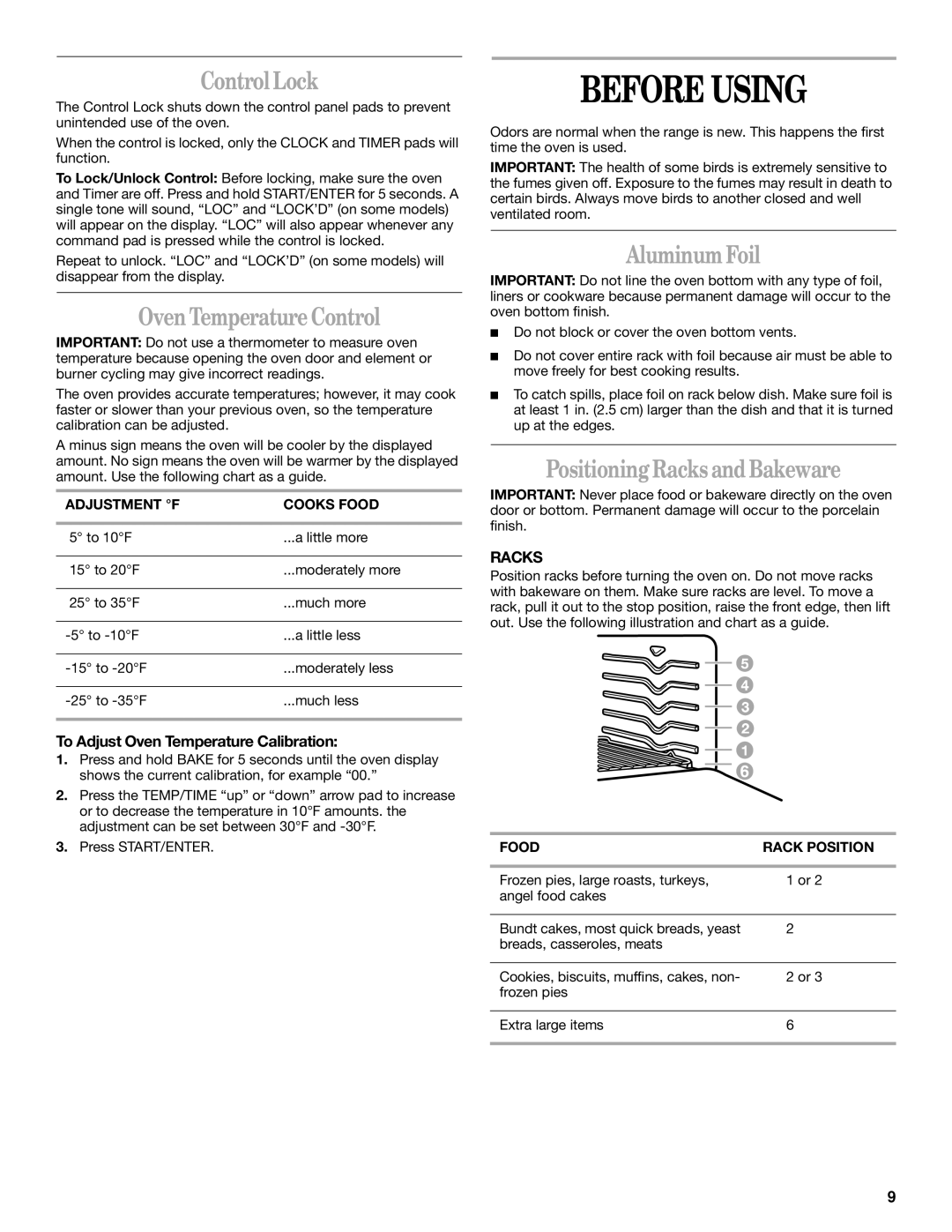 Whirlpool SF369LEK manual Before Using, ControlLock, Oven Temperature Control, Aluminum Foil, Positioning Racks andBakeware 