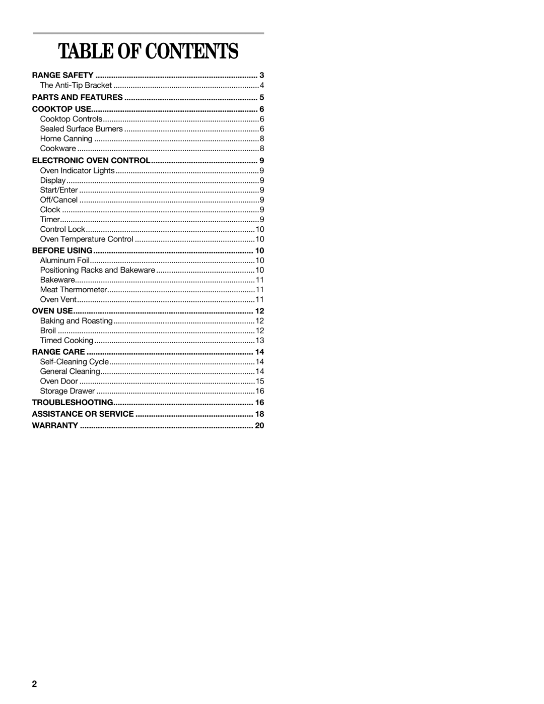 Whirlpool SF356BEK, SF367LEK, SF369LEK, SF357PEK manual Table Of Contents 