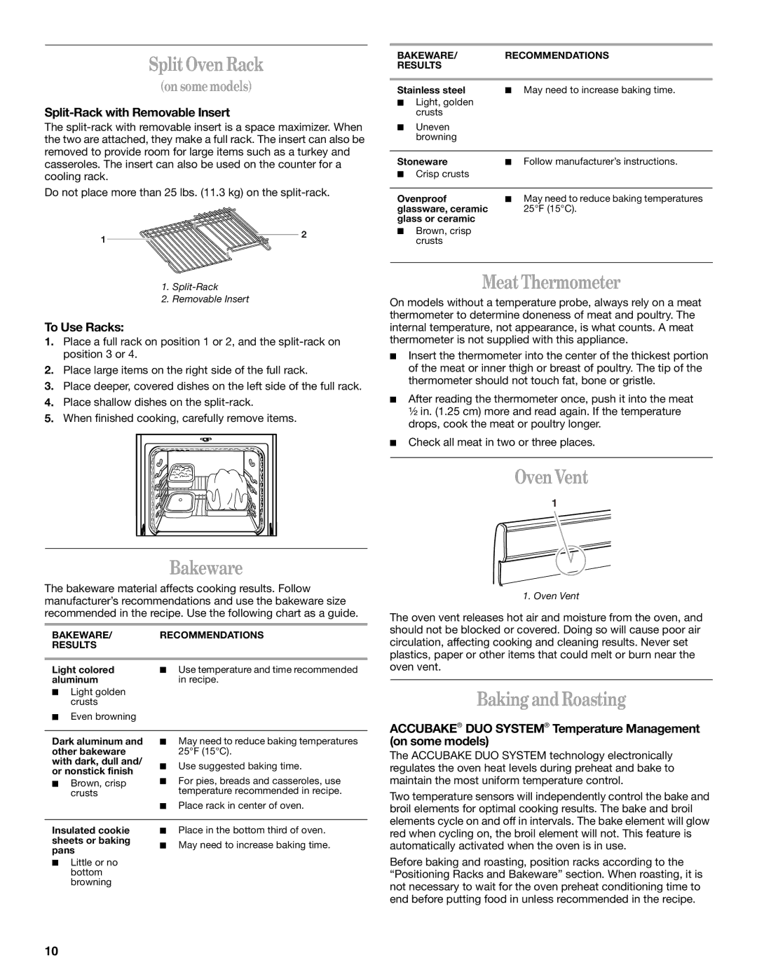 Whirlpool SF367LEMB0 manual Split Oven Rack, Bakeware, MeatThermometer, Oven Vent, Baking and Roasting 