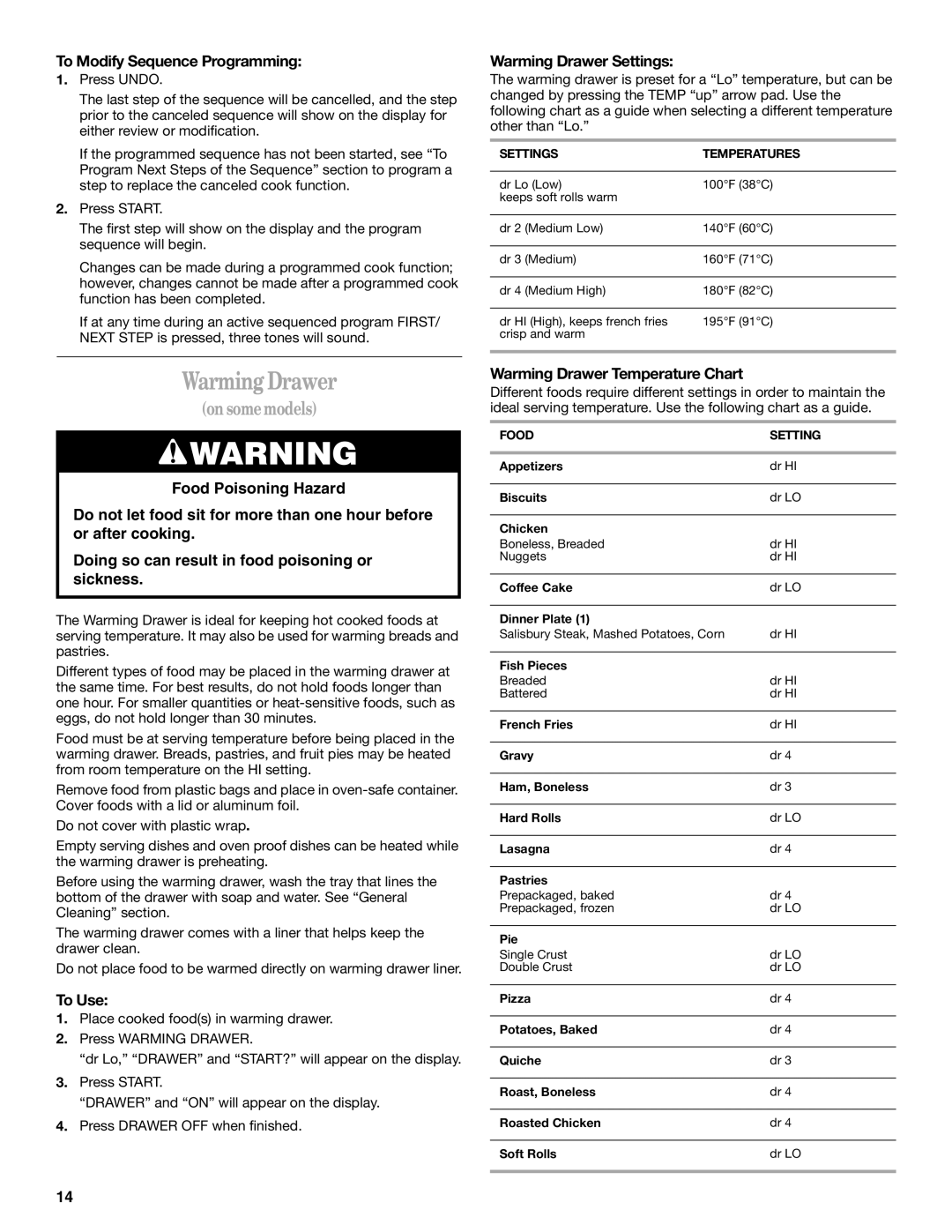 Whirlpool SF367LEMB0 manual To Modify Sequence Programming, Warming Drawer Settings, Warming Drawer Temperature Chart 