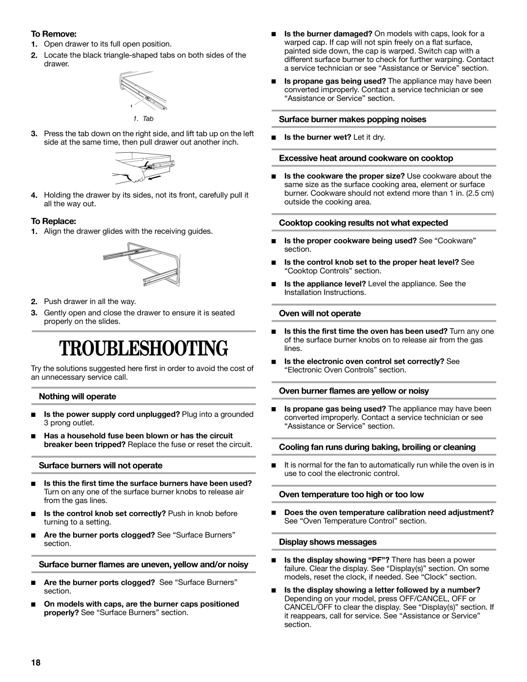 Whirlpool SF367LEMB0 manual Troubleshooting 