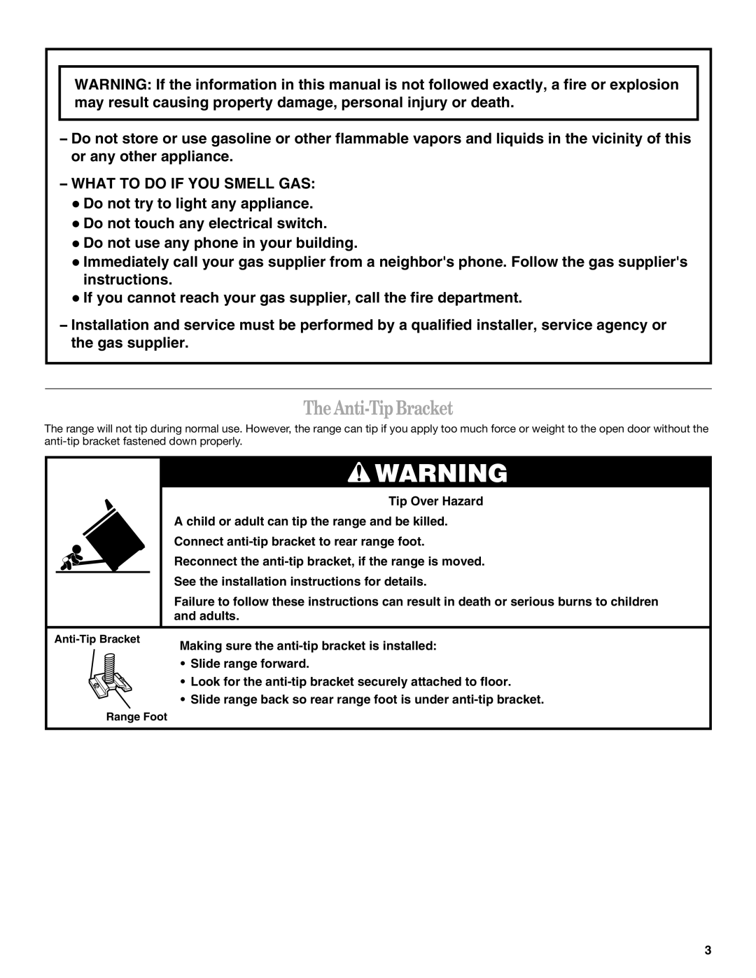 Whirlpool SF367LEMB0 manual Anti-Tip Bracket, What to do if YOU Smell GAS 