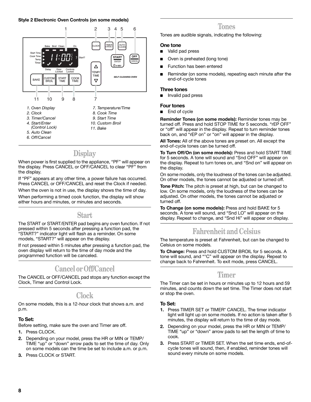 Whirlpool SF367LEMB0 manual Display, Start, CancelorOff/Cancel, Clock, Tones, Fahrenheit and Celsius, Timer 