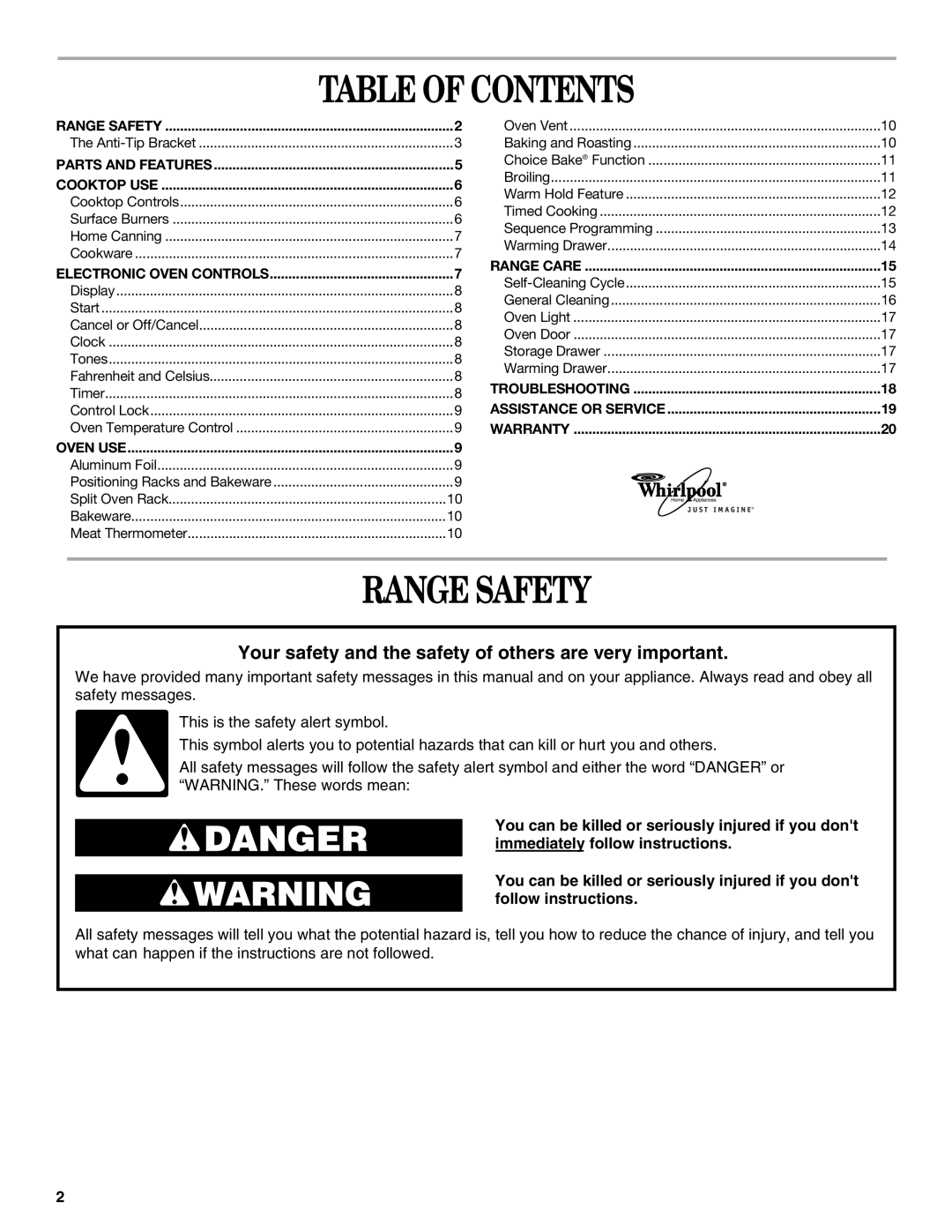 Whirlpool SF367LEMB0 manual Table Of Contents, Range Safety, Your safety and the safety of others are very important 
