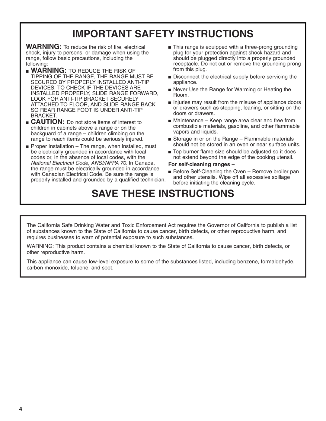 Whirlpool SF367LEMB0 manual Important Safety Instructions, Save These Instructions, For self-cleaning ranges 