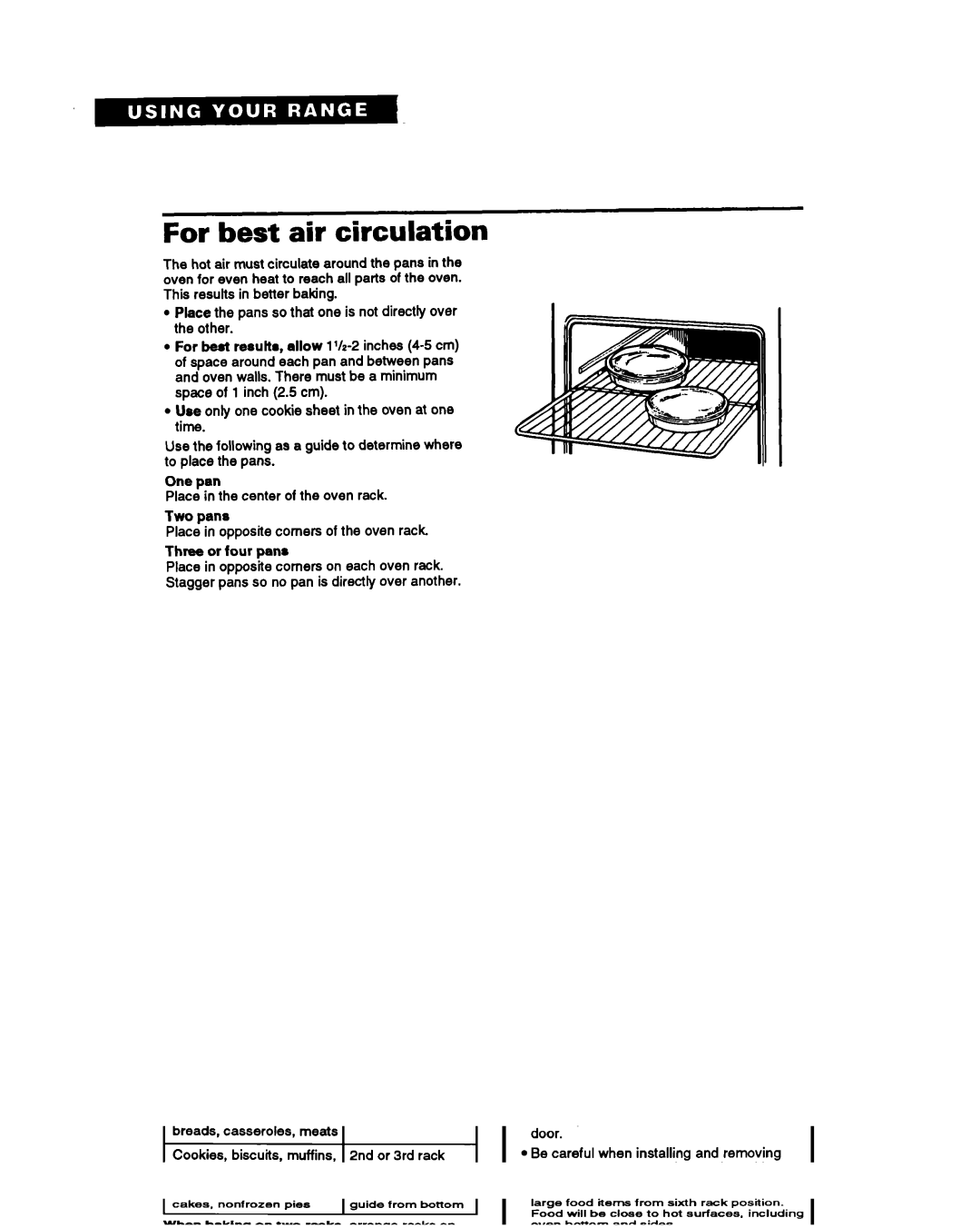 Whirlpool SF367PEY important safety instructions For best air circulation, On4 pan, Two pans, Three or four pana 