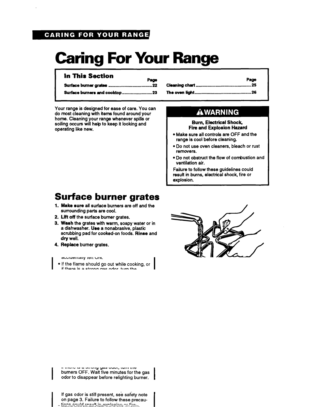 Whirlpool SF367PEY Caring For Your Range, Surface burner grates, P3P, Burn, Electrical Shock Fire and Explosion Hazard 