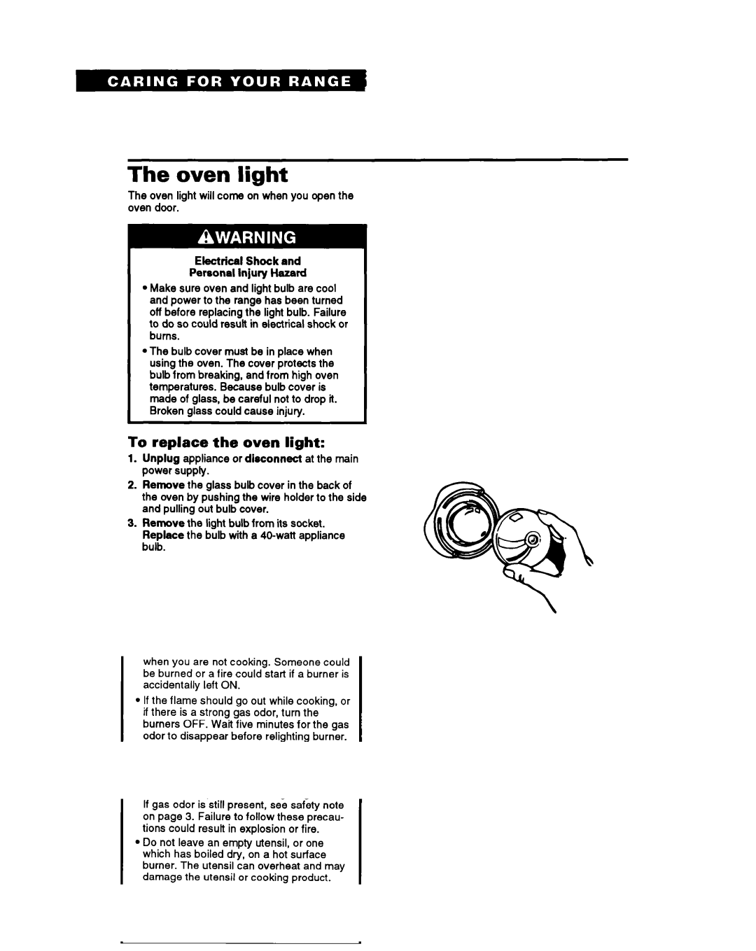 Whirlpool SF367PEY Oven light, To replace the oven light, Electrical Shock Personal Injury Hazard 