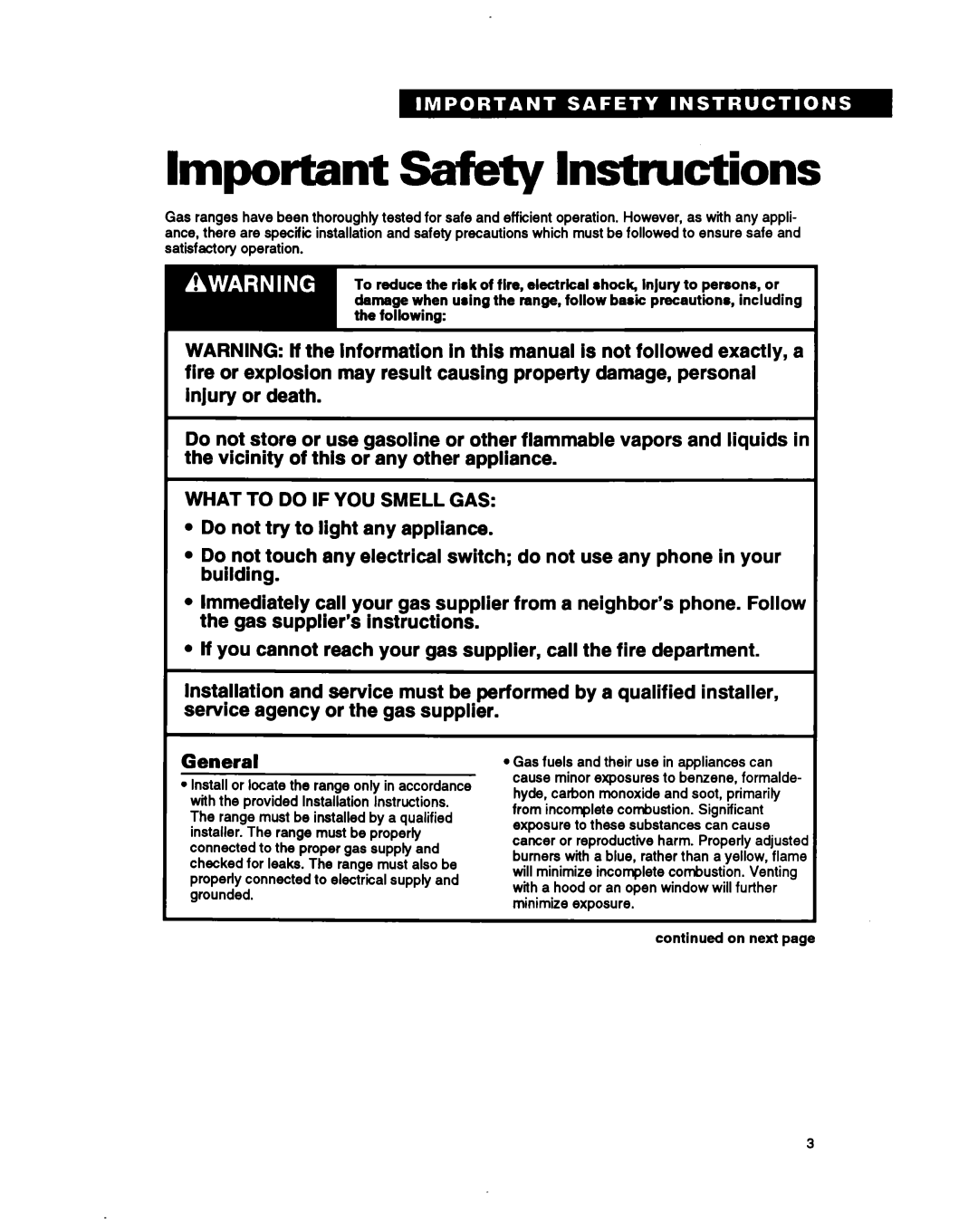 Whirlpool SF367PEY important safety instructions Important Safety Instructions, General, On next 