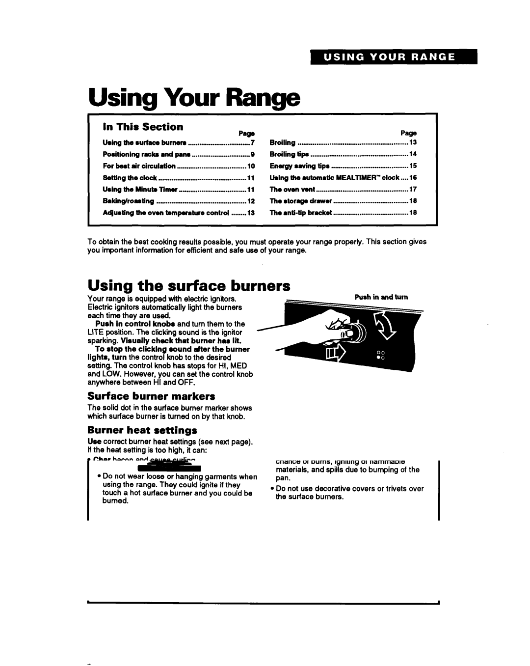 Whirlpool SF367PEY Using Your Range, Using the surface burners, This Section, Surface burner markers, Burner heat settings 