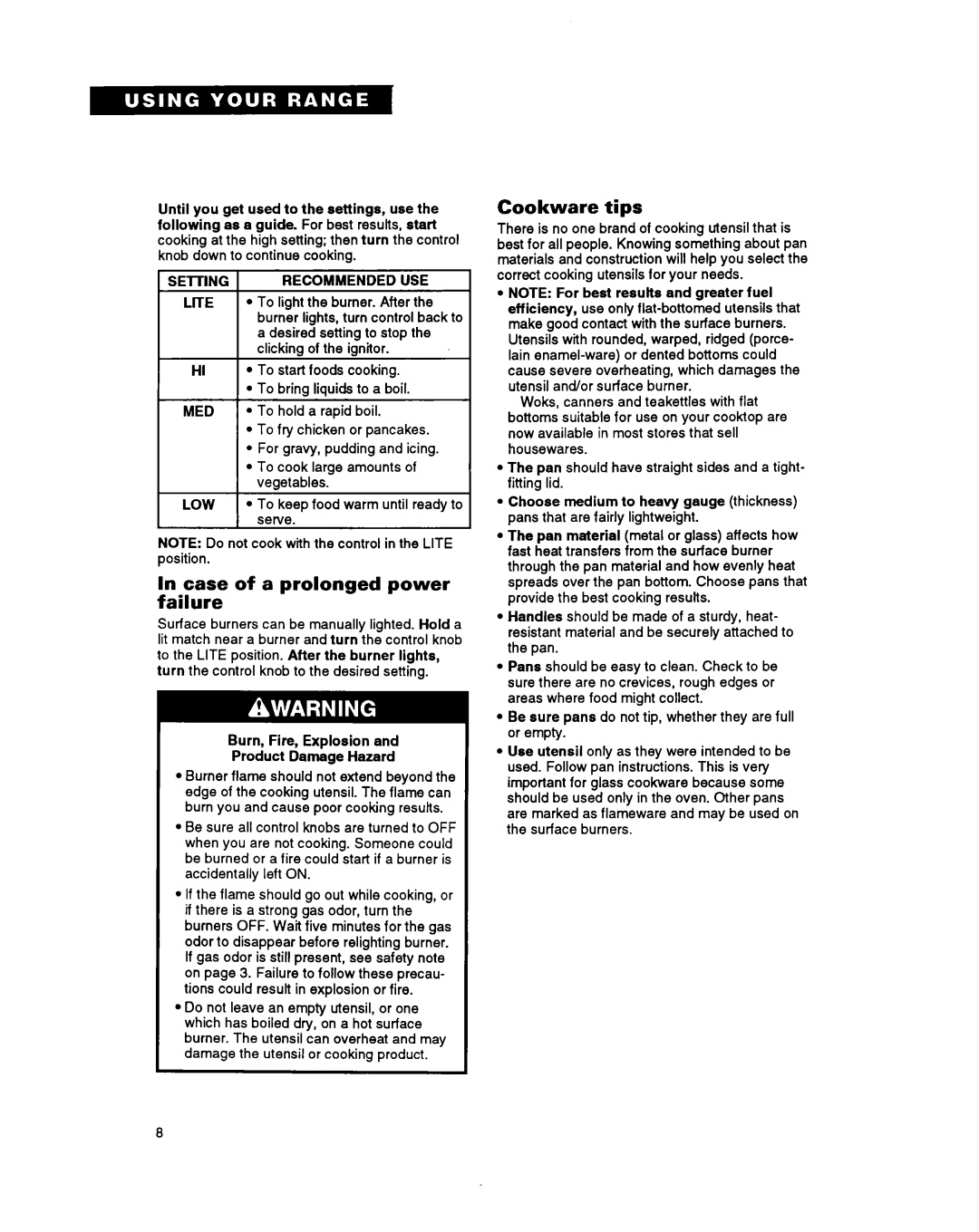 Whirlpool SF367PEY important safety instructions Case of a prolonged power failure, Cookware tips, Setting Recommended USE 