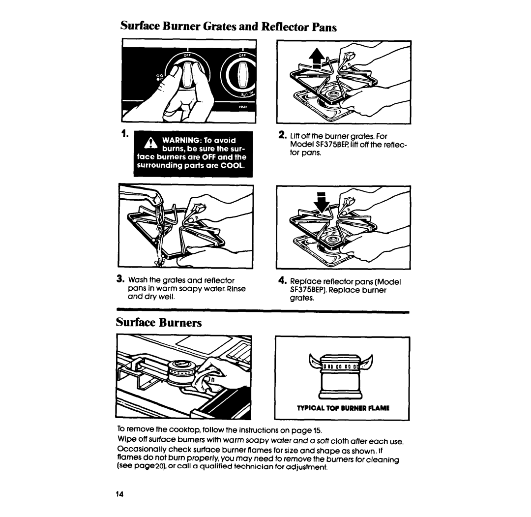 Whirlpool SF375BEP manual Surface Burner Grates and Reflector Pans, Surface Burners 