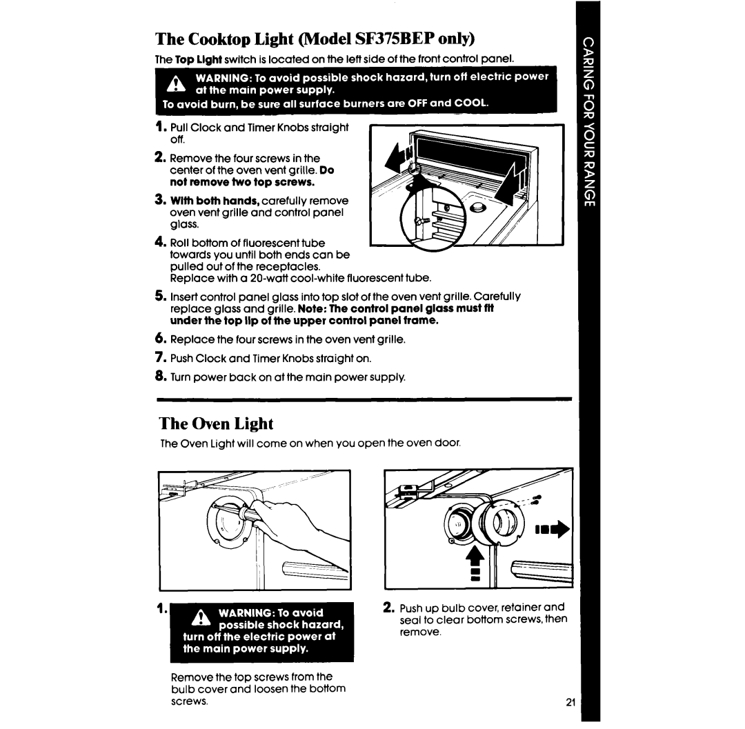 Whirlpool manual Cooktop Light Model SF375BEP only, Oven Light 