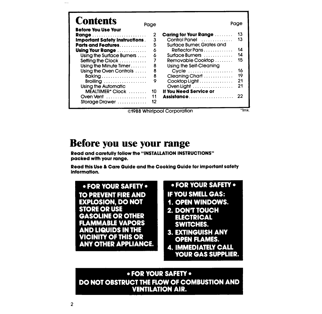 Whirlpool SF375BEP manual Contents, Before you use your range 