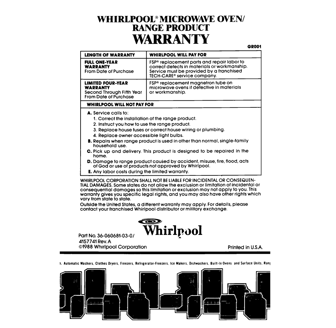 Whirlpool SF375BEP manual W-T-Y, Whirlpool A, Whirlpool”Microwa~ Oven Range Product 