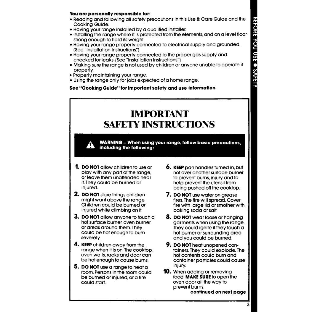 Whirlpool SF375BEP manual Safety Instructions, You are personally responsible for, continued on next page 