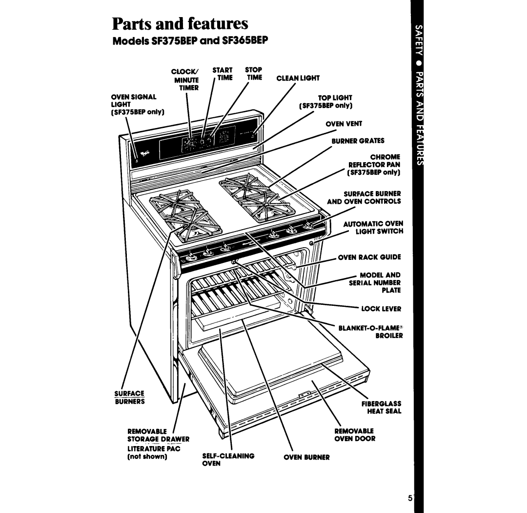 Whirlpool manual Parts and features, Models SF375BEP and SF365BEP 
