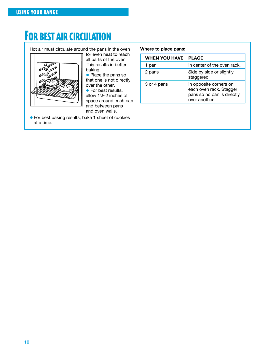 Whirlpool SF375PEE warranty For Best AIR Circulation, Where to place pans, When YOU have Place 