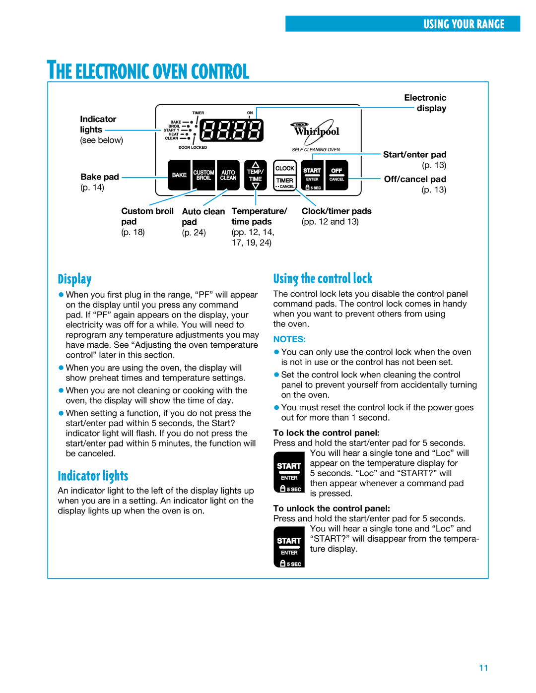 Whirlpool SF375PEE warranty Electronic Oven Control, Display, Indicator lights, Using the control lock 