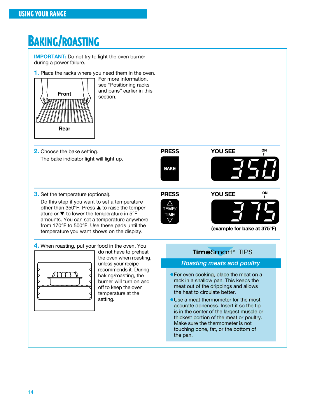 Whirlpool SF375PEE warranty Baking/Roasting, Roasting meats and poultry, Example for bake at 375F 