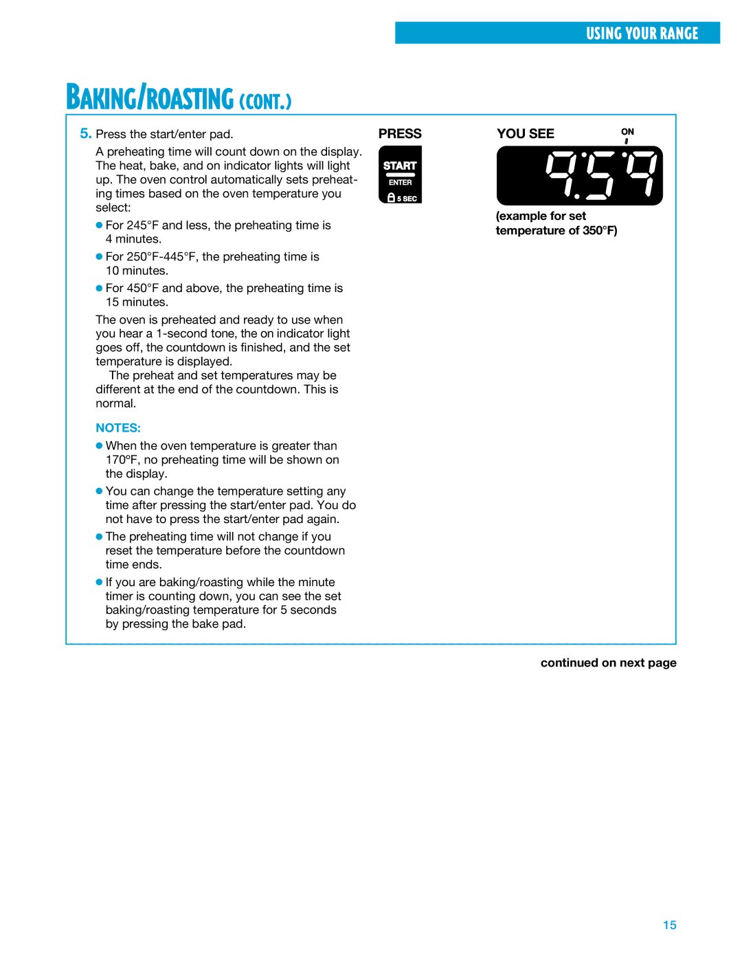 Whirlpool SF375PEE warranty Example for set temperature of 350F, On next 