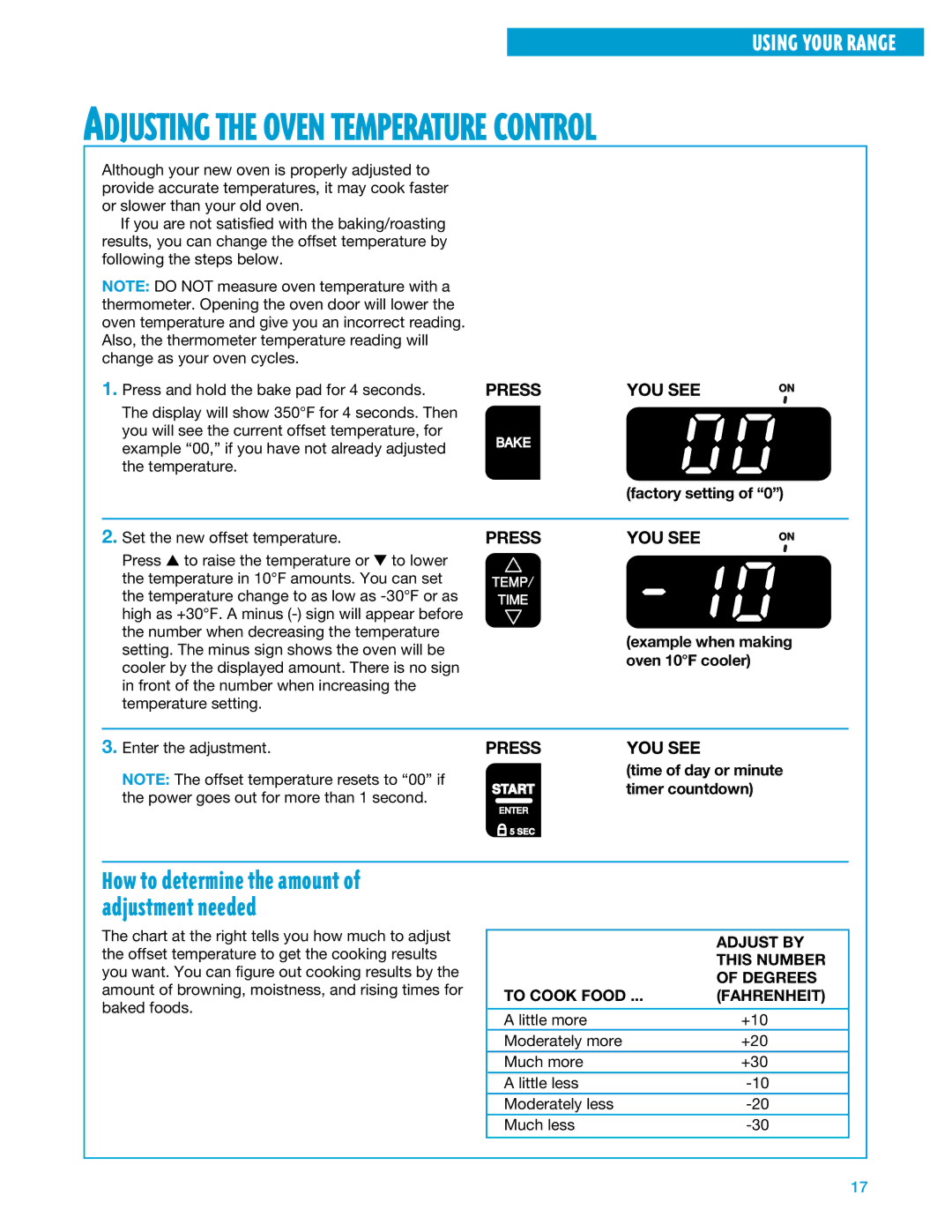 Whirlpool SF375PEE warranty Factory setting, Adjust by, This Number, Degrees, To Cook Food Fahrenheit 