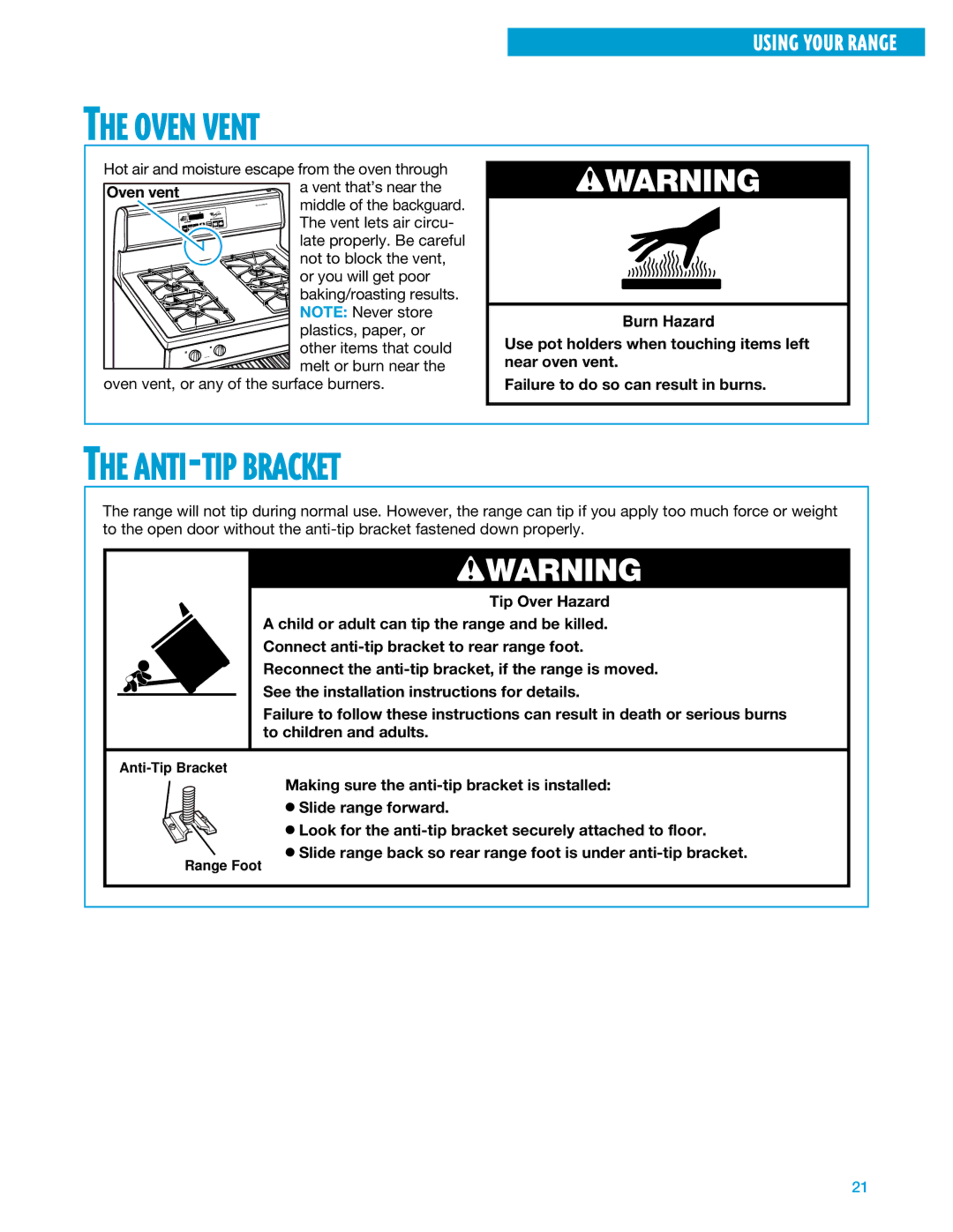 Whirlpool SF375PEE warranty Oven Vent, ANTI-TIP Bracket 