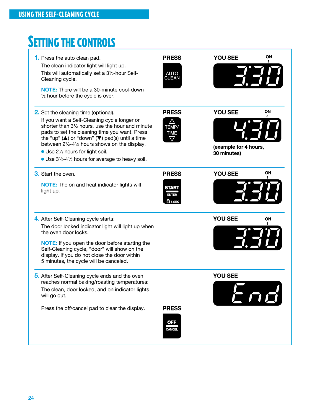 Whirlpool SF375PEE warranty Setting the Controls, Example for 4 hours, 30 minutes 