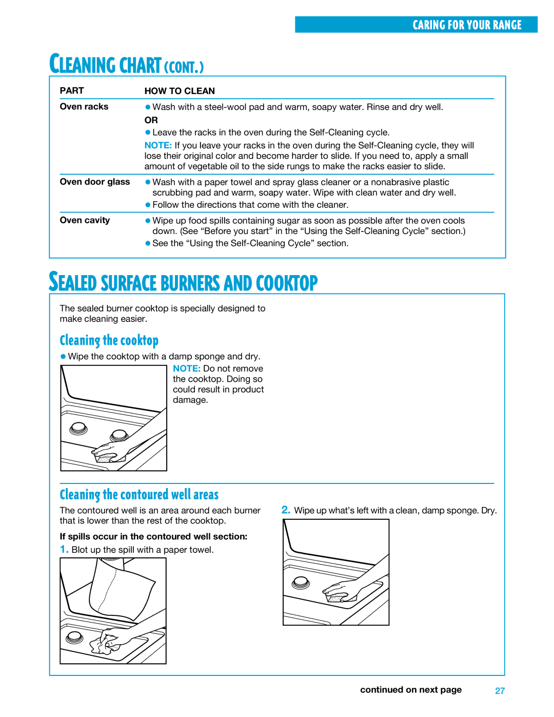 Whirlpool SF375PEE warranty Cleaning the cooktop, Cleaning the contoured well areas 