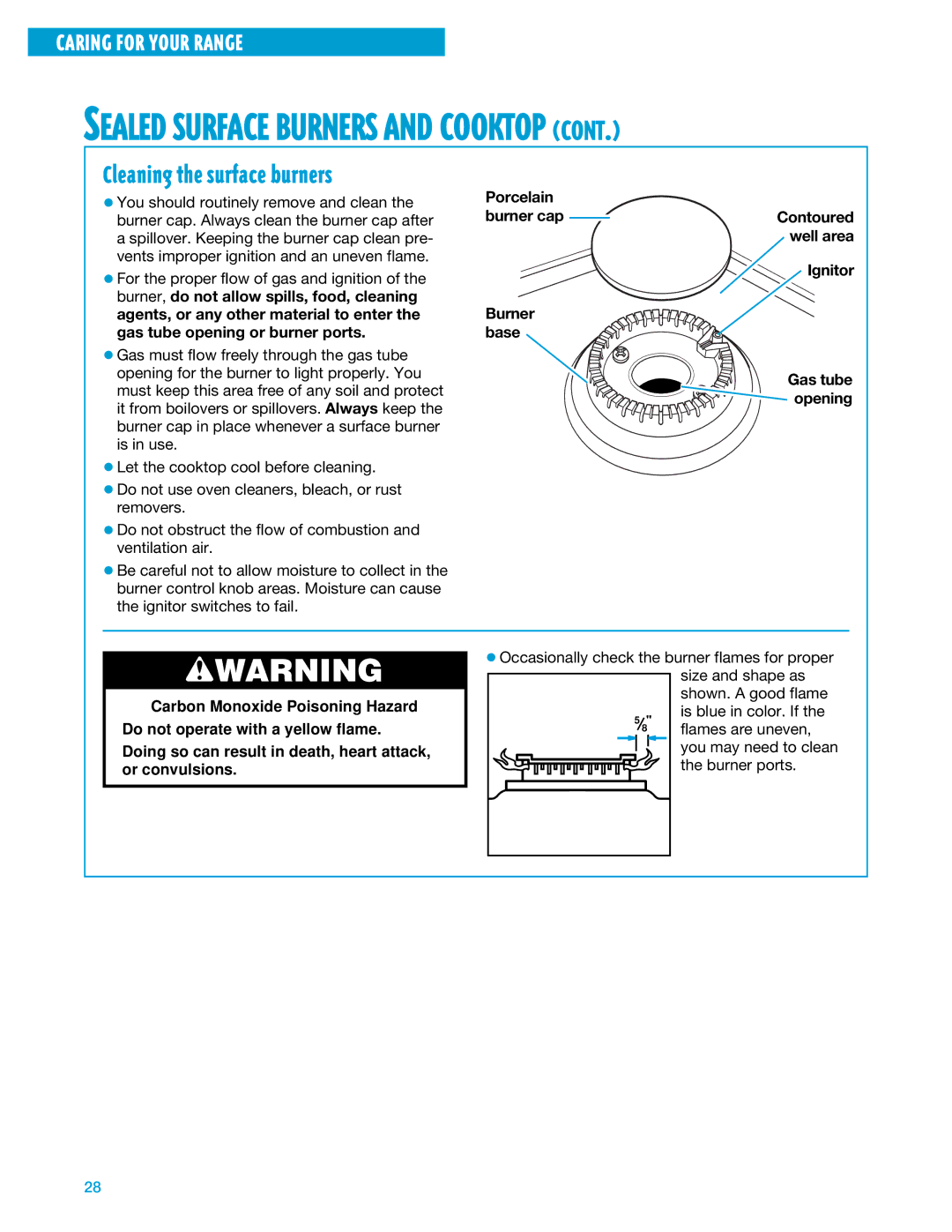 Whirlpool SF375PEE warranty Sealed Surface Burners and Cooktop, Cleaning the surface burners 