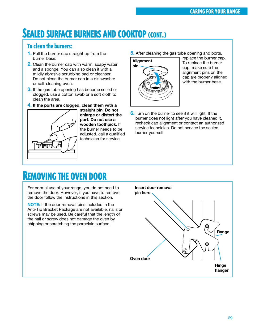 Whirlpool SF375PEE warranty Removing the Oven Door, To clean the burners, Pin here, Oven door Range Hinge hanger 