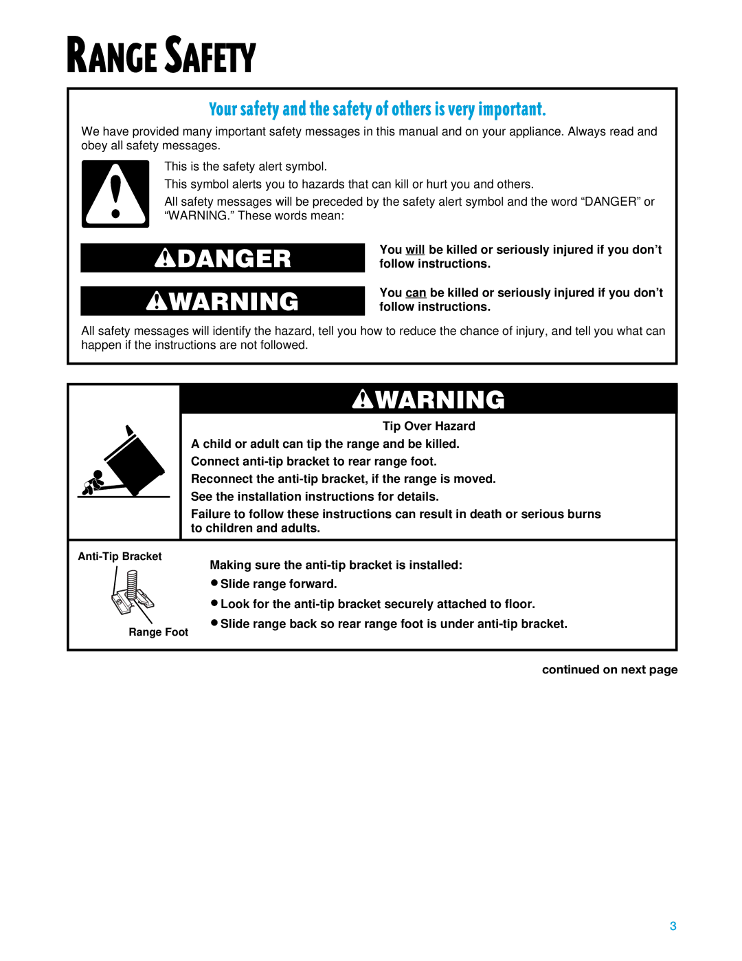 Whirlpool SF375PEE warranty Range Safety, On next 